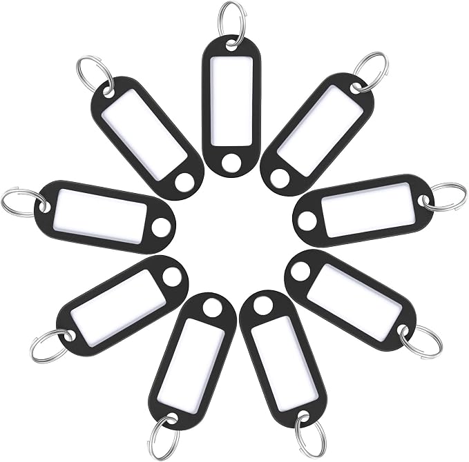 Uniclife 40 Pieces Key Tags 2 Inch Soft Plastic Key Chain Tags with Blank Paper Labels Clear Windows Protective Films and Split Rings Flexible Item Identifiers, Black