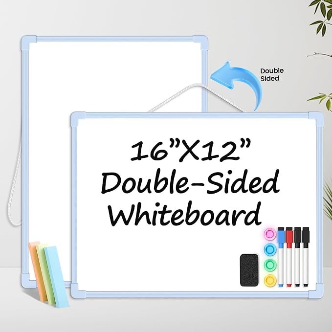 Blue Frame Small Dry Erase Board for Wall, 16" x 12" Double-Sided Hanging Whiteboard with 4 Markers, 4 Magnets and 3 Mini Sticky Notes, Portable Whiteboard for Kids, School, Home, Office