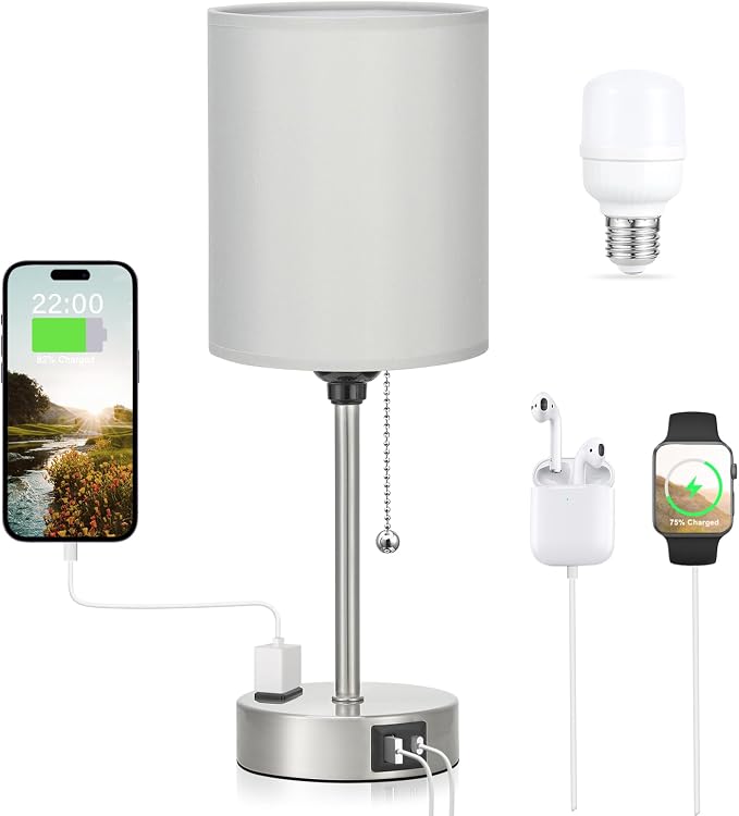 Small Bedside Table Lamp for Bedroom - Desk Lamp with USB Ports for Dorm | USB A+C Ports, AC Outlet, 3 Color Temperatures, LED Bulb Included, Grey Fabric Shade, Sleek Silver Base, 14" Night Stand Lamp