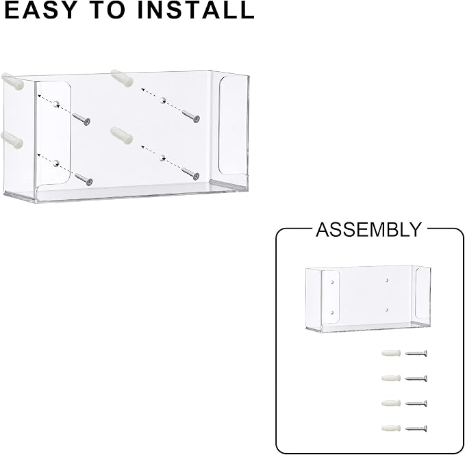 Abby Acrylic Glove Box Organizer, Wall-Mounted Dispenser, Floating Holder, Small Size (1 Box), 10.5" W x 5.0" H x 3.5" D (Mounting Hardware Included)