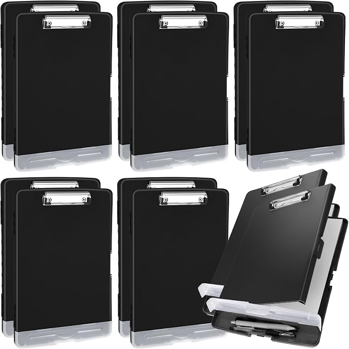 Crtiin 12 Pcs Colored Clipboard with Storage, 8.5 x 11 Inch Heavy Duty Plastic Nursing Clipboard Folder with Pen Holder A4 Medical Holder for Nurse Doctor Teacher Office, Organization (Black)