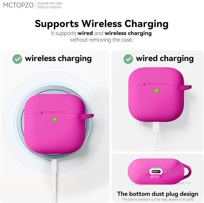 for AirPods 4 Case 2024 with Cleaner Kit & Keychain-Hot Pink | Silicone Protective Cover for Apple AirPods 4th Generation Case,for Women Men,One-Piece Design,Shockproof,Dust Proof