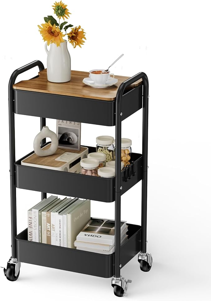 3-Tier Rolling Cart with Table Top, Metal Utility Cart on Wheels | Sturdy Storage Organizer Cart with Lockable Wheels&Hooks for Craft, Office, Classroom, Kitchen and Bathroom, Black