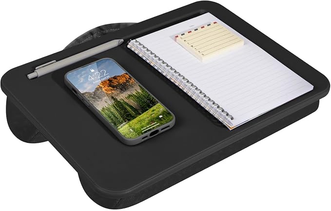 LAPGEAR Compact Lap Desk – Black, Fits 14" Laptops | Microbead Cushion, Built-In Pencil Slot, Carry Handle, Fits Standard Letter-Size Paper (8.5" × 11")