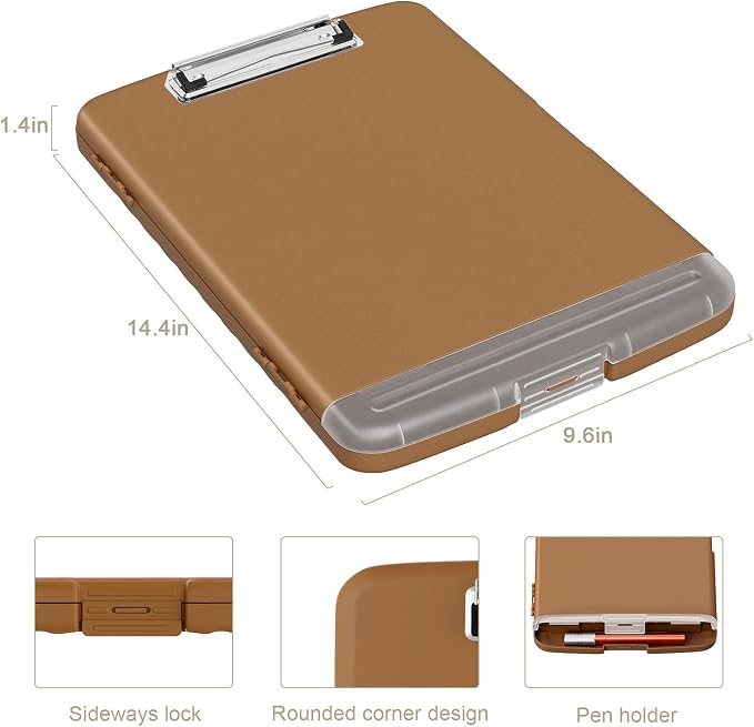 Piasoenc Clipboard with Storage, 8.5 x 11 Clip Board with Pen Holder, Brown | High Capacity, Heavy Duty Plastic Organization Box for A4 Legal Paper Folder, Folio & Side-Opening Nurses, Teachers, Student