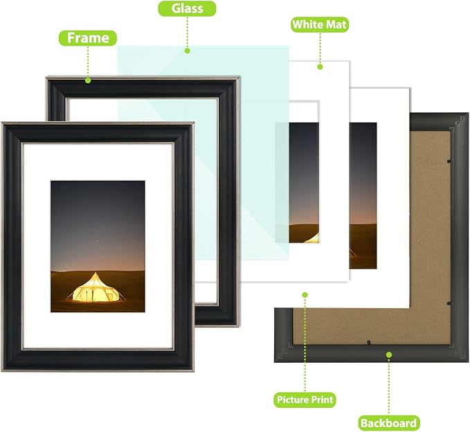 Golden State Art, 9X12 Photo Frame with White Mat for 6X8 Pictures & Real Glass, 1.25-Inch Wide, Antique Black