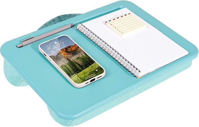 LAPGEAR Compact Lap Desk – Aqua Sky, Fits 14" Laptops | Microbead Cushion, Built-In Pencil Slot, Carry Handle, Fits Standard Letter-Size Paper (8.5" × 11")