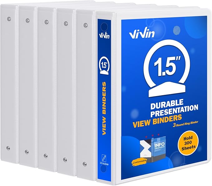3 Ring Binder 1-1/2 Inch, ViVin Sturdy 1.5"-Round Ring Binder with 2 Interior Pockets, Clear View Cover, PVC-Free, Fits 300 Sheets of 8.5'' x 11'' Paper, Office Home School (6 Pack, White)