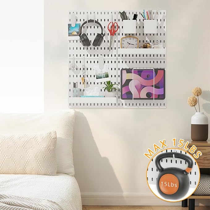 16pcs Pegboard Sets, Plastic White Peg Board Wall Organizer Kits | 4pcs Peg Board and 12 Accessories Modular Hanging Wall Mount Display Pegboard Sets for Home Office Garage Kitchen Workshop