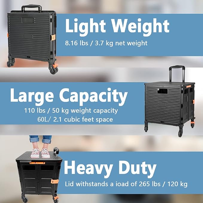 FELICON SELORSS Foldable Utility Cart Folding Portable Rolling Crate-Black | Heavy Duty,Telescoping Handle,4 Rotate Wheels,Collapsible Handcart for Travel Shop Move Luggage Laundry Teacher Office Use