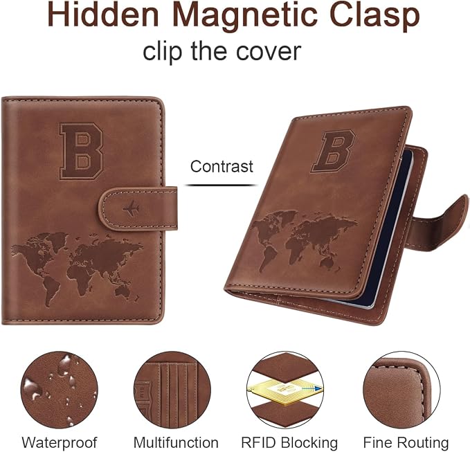 Passport Holder Wallet Cover Personalized Initial Travel Essentials | Embossed Letter A-Z Design, Travel Wallets, RFID Blocking, Passport Book Holders, Women Men, Personalized Gifts, Brown-B