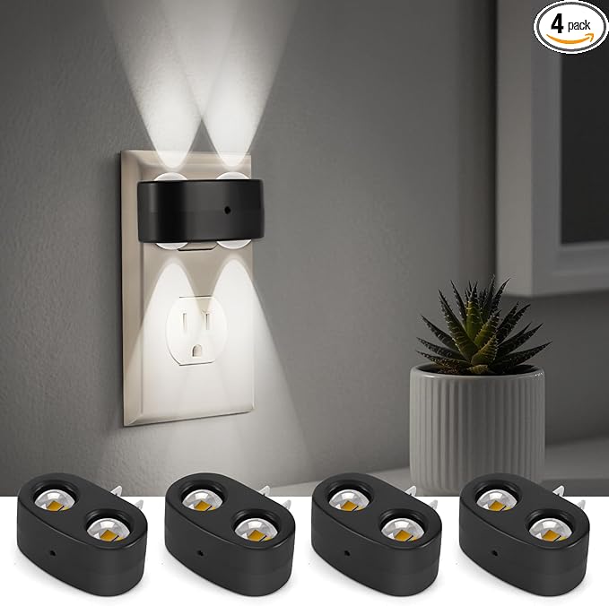 4-Pack LED Night Lights Plug into Wall, 5000K Daylight 100LM, Auto On/Off Light Sensor, Rotating Ambient Lighting for Bedroom, Hallway, Bathroom, Nursery, Kitchen Non Dimmable