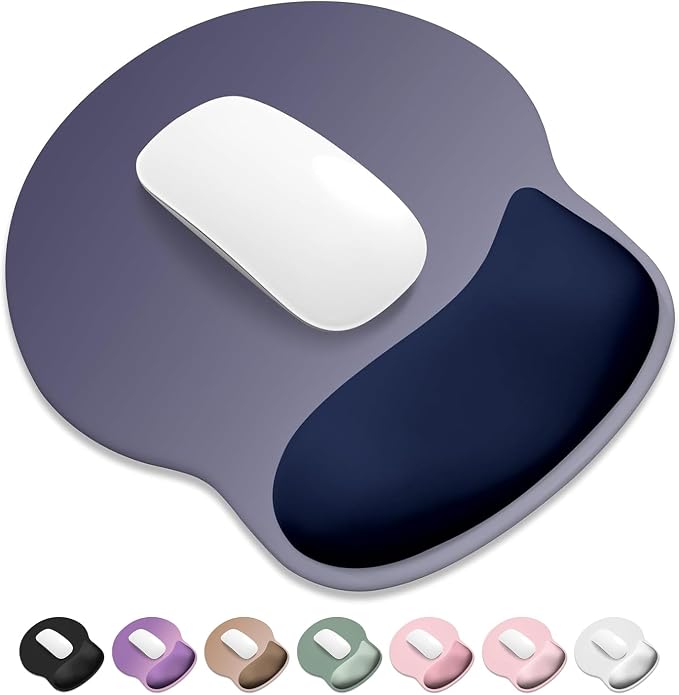 ITNRSIIET Ergonomic Mouse Pad with Wider Memory Foam Wrist Rest +17% - Curved Cushion Reduces Pressure 20%, Pain Relief, Non-Slip, Smooth, Cute Colors, 9.85 x 9 in, Gray Blue Gradient