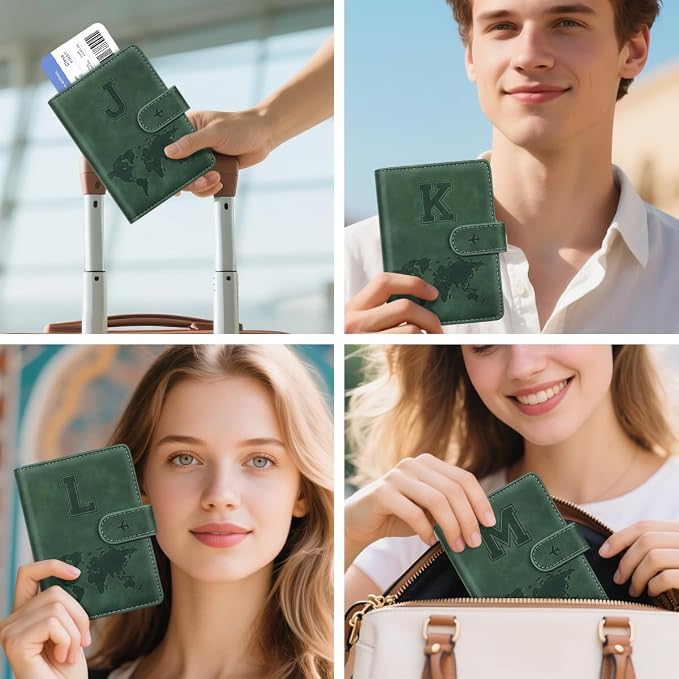 Passport Holder Wallet Cover Personalized Initial Travel Essentials | Embossed Letter A-Z Design, Travel Wallets, RFID Blocking, Passport Book Holders, Women Men, Personalized Gifts, Green-L