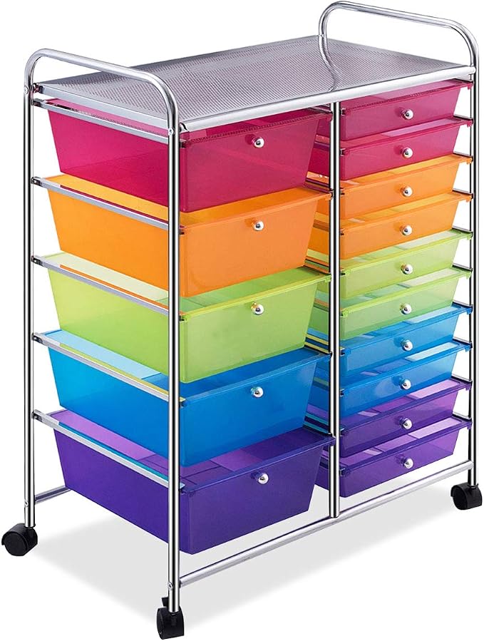 RELAX4LIFE 15 Drawer Rolling Storage Cart, Mobile Drawer Carts for Craft Art Supply Paper Salon, Utility Cart on Wheels for Classroom Teacher School Office, Rolling Cart with Drawers (Color)