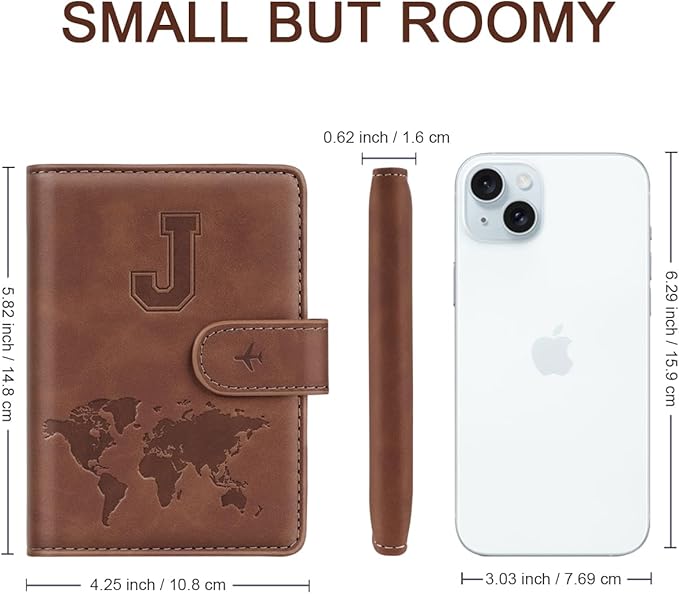 Passport Holder Wallet Cover Personalized Initial Travel Essentials | Embossed Letter A-Z Design, Travel Wallets, RFID Blocking, Passport Book Holders, Women Men, Personalized Gifts, Brown-J