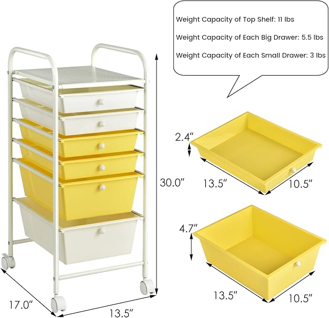 COSTWAY 6-Drawer Rolling Storage Cart, Art Craft Tools Organizer on Wheels | Multifunctional Heavy Duty Utility Mobile Storage Trolley w/ 2 Lockable Wheels for Home Office School (Yellow, Beige & Grey)