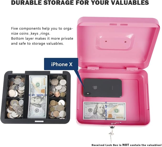 KYODOLED Large Metal Cash Box with Money Tray and Lock,Money Box with Cash Tray,Cash Drawer,9.84"x 7.87"x 3.54" Pink Large