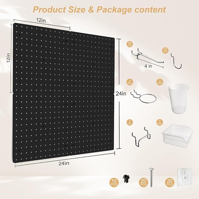 FZK Modular Plastic Peg Board Wall Organizer Kit, 12x12, Black | Includes 26 hooks and 6 bins, adhesive or drill mounting, ideal for office, craft room, kitchen