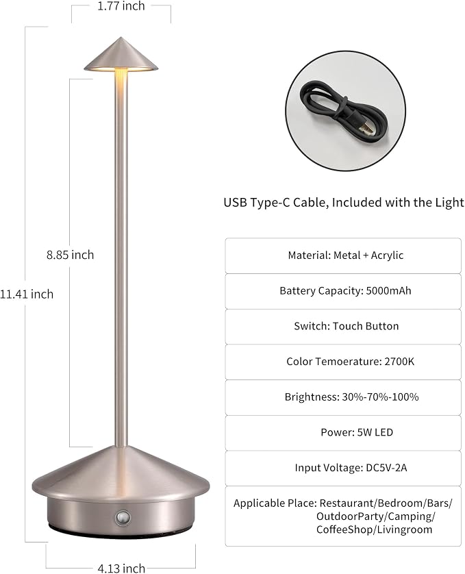 Modern Cordless Table Lamp Set of 2, Brushed Nickel LED Desk Lamps | 5000mAh, Rechargeable, Battery Operated Lighting for Bedroom, Dining Room, Restaurant, Coffee Shop, Camping, Night Light