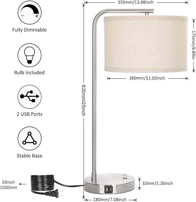 25" Tall Modern Bedside Lamp with USB C+A Ports, Fully Dimmable Table Lamp | NightstanDesk Lamp with Beige Drum Shade, Silver Finish Side Table Lamp for Living Room Bedroom Office, LED Bulb Included