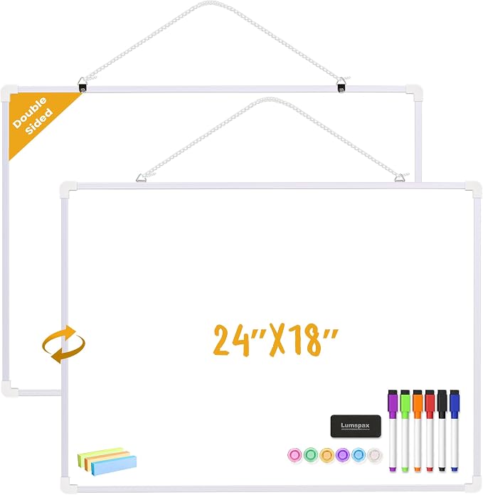 Dry Erase Board for Wall, 24" x 18" Double-Sided Hanging Magnetic Whiteboard with 6 Markers, 6 Magnets and 3 Mini Sticky Notes, Large White Board for Kids, School, Home, Office