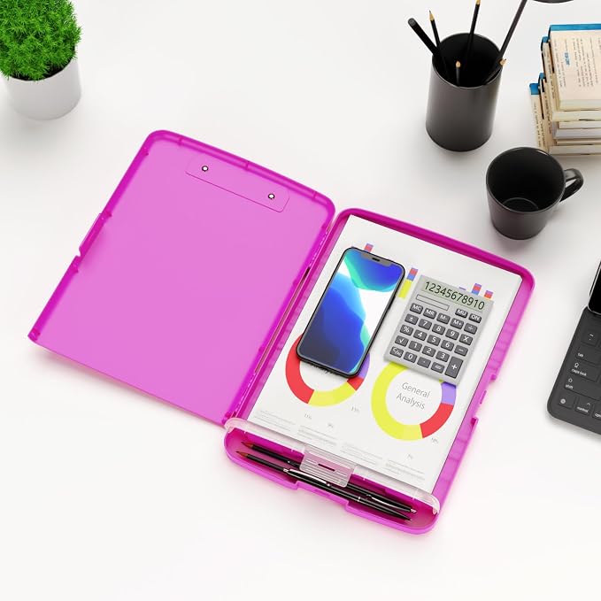 Hongri Clipboard with Storage with Pencil Case, 8.5 x 11 Storage Clip Board | High Capacity Organization Box for A4 Letter Legal Paper, Heavy Duty Folio & Side-Opening for Nurses, Teachers, Light Red