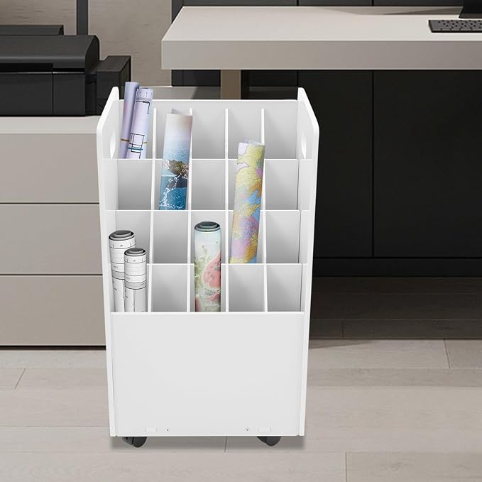 20 Slots Blueprint Storage Organizer, Mobile Roll File Cart, Construction Plan Holders, Blue Print Cabinet with Wheels, Roll Files Storage for Office Home School (White, 20 Slots)
