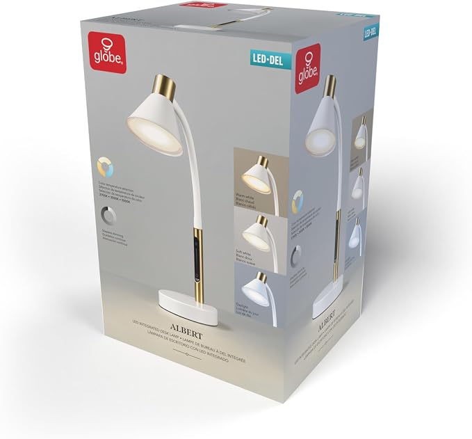 Globe Electric 15" LED Integrated Matte White Desk Lamp with Matte Brass Accent and Adjustable Silicone Gooseneck