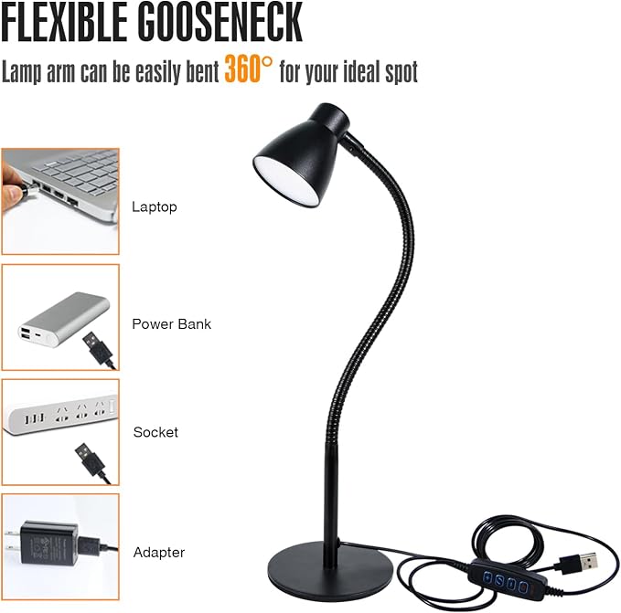 Small Dimmable Gooseneck LED Desk Lamp for Home Office, CRI 90+ Eye-Caring Reading Light, Adjustable Brightness, Perfect for Study Desk (Adapter Included)