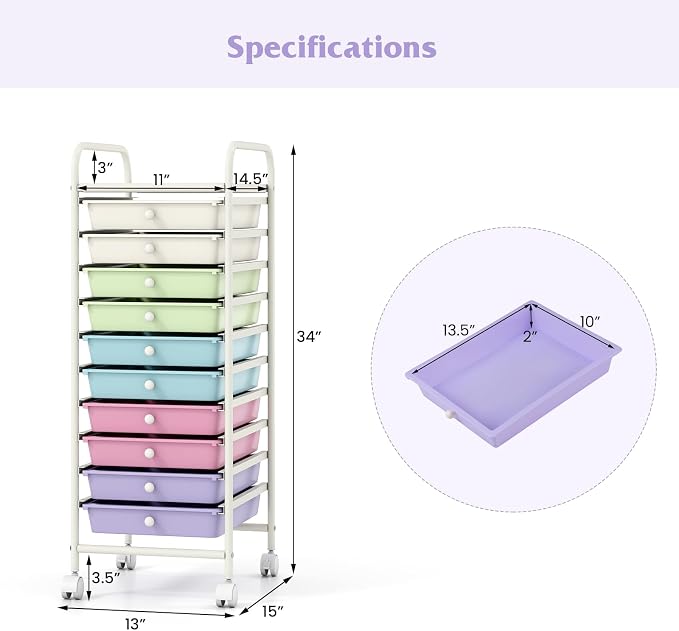 COSTWAY 10-Drawer Rolling Storage Cart, Ice Cream Colorful (Ice Cream Colorful,13"L x 15"W x 34"H (10 Drawer))