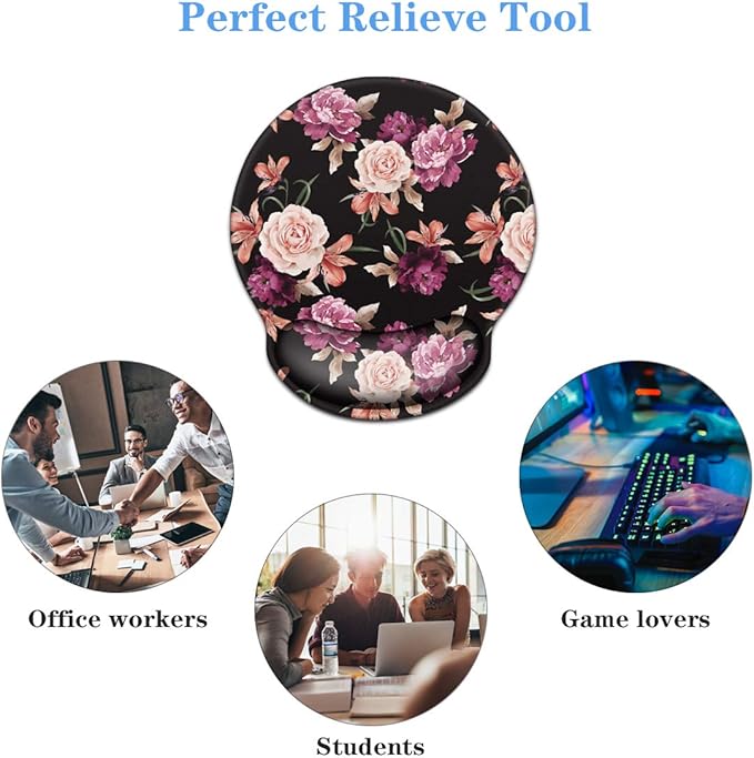 WAVEYU Mouse Pad with Wrist Support, Cute Designed Mouse Mat, Non-Slip Rubber Base Mousepad for Laptop, Computer, Black Flower