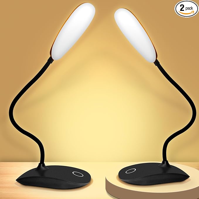 Portable Battery Powered Desk Lamp Small Rechargeable LED Table Light | 400 Lumen Eye Care,3 Color Temperatures,Stepless Touch Dimming,360° Adjustable for Nail Study Dorm Office Bedroom,Black 2 Pcs