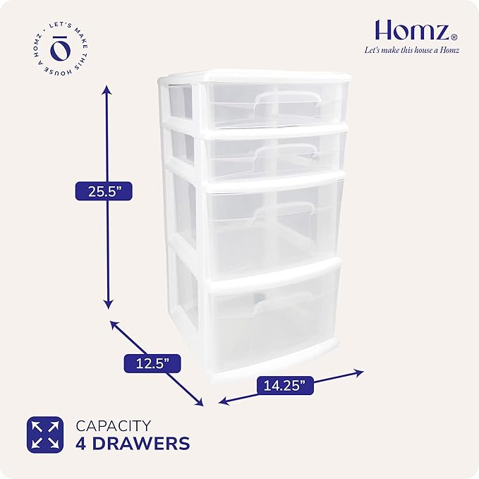 HOMZ Drawer Tower, 4-Tier Storage Cart with Removable Wheels, White Frame | Clear Plastic Rolling Drawers for Desk, Dresser, Cabinet, Bedroom, Bathroom, Classroom & Office