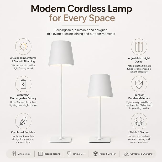 Cordless Table Lamp 2 Pack – Rechargeable Ambient Bedside Lamp with Warm Dimmable Light, Portable Minimalist Lighting for Bedroom, Dining Table & Living Room (2, White)
