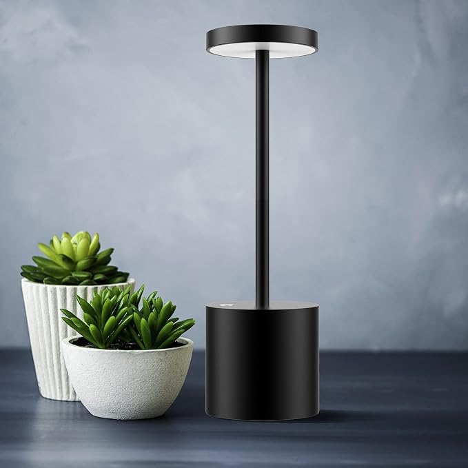 TBBGA LED Cordless Table Lamps, 5000mAh Rechargeable Table Light | Portable Outdoor Table Lamp, 3 Color Stepless Dimming Battery Powered Lamp for Dinner/Patio/Restaurant/Bedroom (Black)