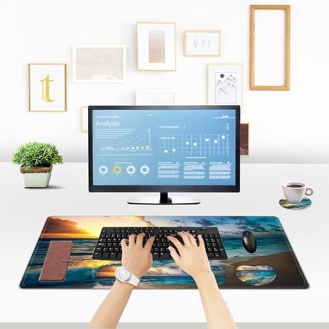 ToLuLu Mouse Pad, Memory Foam Ergonomic Keyboard Mouse Wrist Rest Support | Large Extended Gaming Desk Mat with Stitched Edges, Non-Slip Base Mousepad Set for Home Office Game and Study, Beach Sunset