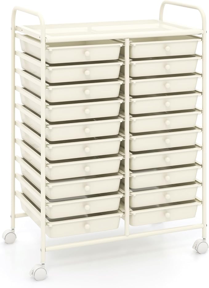 COSTWAY 20-Drawer Rolling Storage Cart, Utility Storage Organizer Cart | For Tools, Scrapbook, Paper, Craft, Multipurpose Storage Trolley on Wheels for Home Office School (Ivory White)