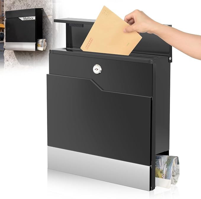 Modern Black Mailbox Wall Mount for Outside, Large Locking Security Key Drop Mail Box, Heavy Duty Galvanized Steel Post Box for House, Weatherproof Collection Box (14.57"x14")