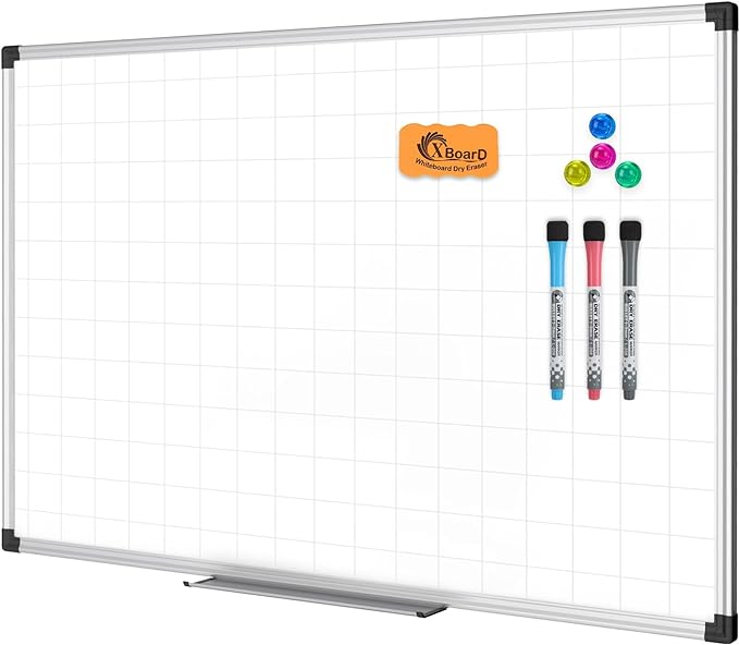 XBoard Magnetic Dry Erase Whiteboard with Lines 36 x 24 Inch | 3' x 2' Double Sided Grid Lined White Board, Presentation White Board Planner for Wall