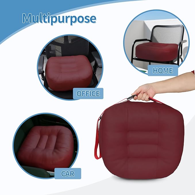 YOUFI Leather Seat Cushion Extra-Thick Booster for Office Chair to Rise Height - Full Filling for Support - with Breathable Cover, Handle and Buckle - Relieves Back Pain – 18"x16"x6" (Red)