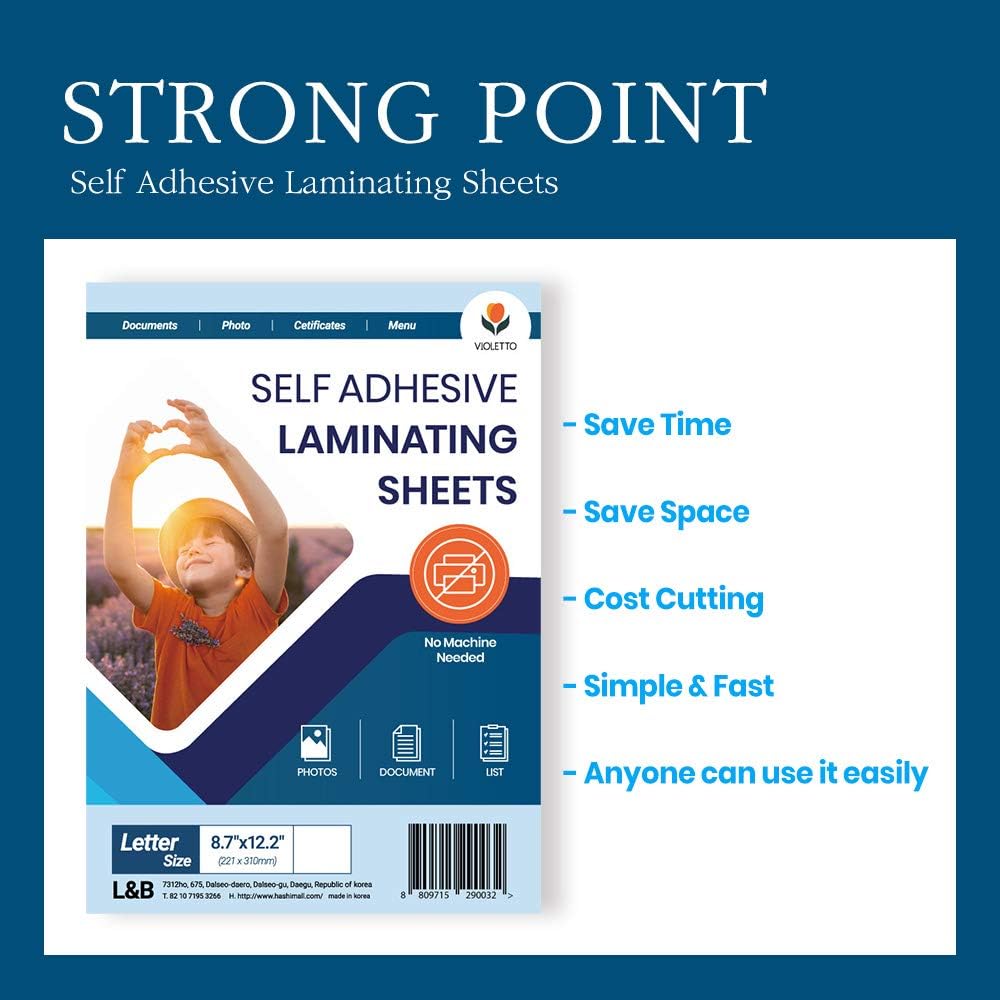 Self Stick Laminating Sheets 8.5 x 11 Inches, 4mil, Pack of 50, No Heat, No Machine, Peel and Stick Laminating Sheets, Self Adhesive Contact Paper, Self Sealing Clear Vinyl Stickers by VIOLLETO