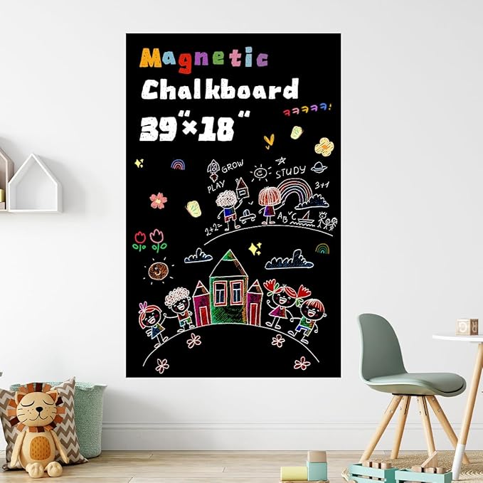 Magnetic Chalkboard 18"x39" for Wall Chalk Board Sticker | Peel & stick magnetic contact paper for walls. Magnet receptive sheet holds magnets, perfect for office or drawing.