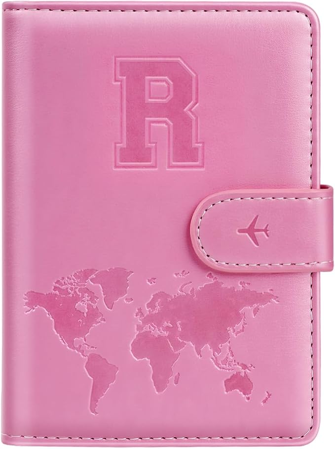 Passport Holder Cover Initial Letter A-Z Travel Wallet Personalized | Travel Essentials, Embossed Design, RFID Blocking, Personalized Gift, Passport Book Holders for Women Girls, Pink-R