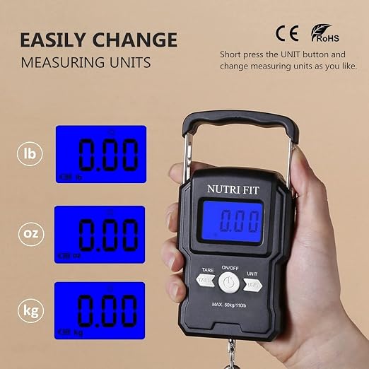 NUTRI FIT Luggage Scale Digital Suitcase Weighing Fish Portable for Travel | 2-Stage Precision, Max 110lb, Smart Tare, Backlit LCD, Lock Data, Handheld, Weight Suitcase with Hook, Travel, Fishing, Gifts