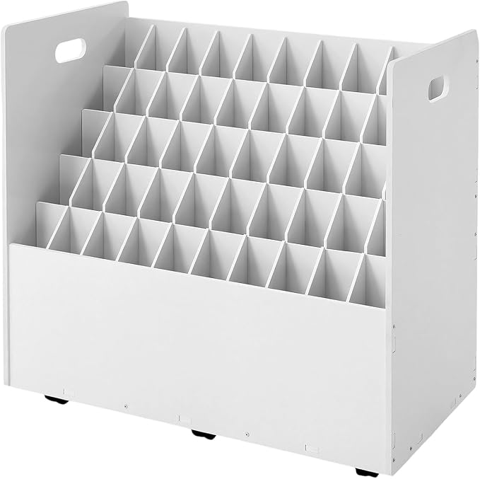 Blue Print Storage Organizer with Wheels, 50 Slots Roll Files Cart, White | Mobile Blueprint Storage Rack Cart, Construction Plan Holder, Map Poster Storage Cabinet for Office Home School