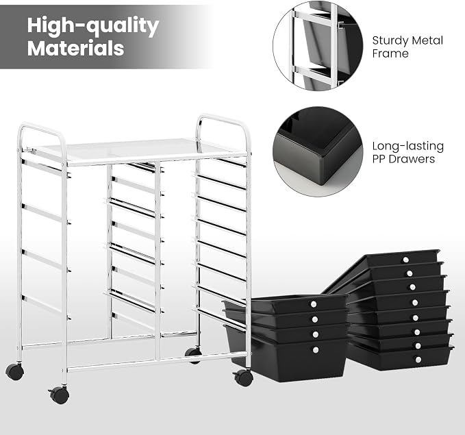 RELAX4LIFE 12-Drawer Rolling Storage Cart - Mobile Utility Drawer Carts with Wheels, Craft Organizers Cart for Classroom Organization and Storage, School, Office, Home