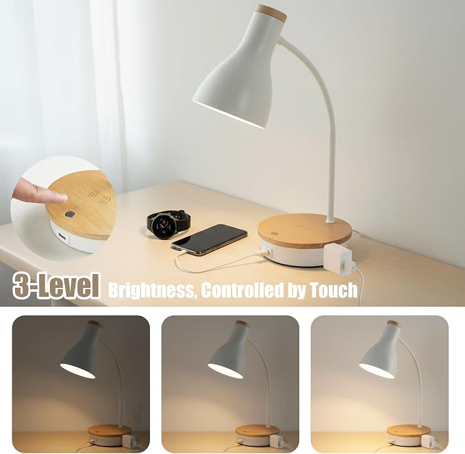 LALISU Desk Lamp for Home Office, 10W Wireless Charger Desk Light with USB C+AC Charging Ports,3 Ways Dimming Reading Light, Touch Table Lamp for College Dorm Room (White-Fast Charging (10W))