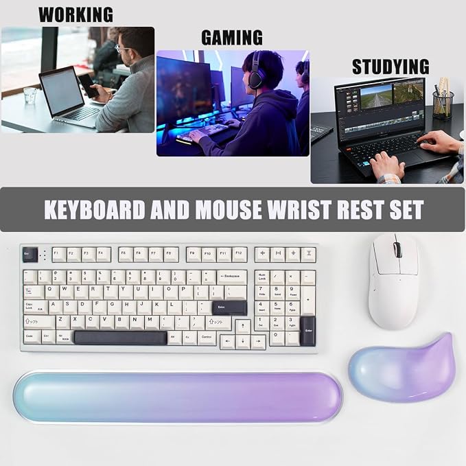 Gel Keyboard and Mouse Wrist Rest Set –Blue Purple Clear Wrist Rest for Computer Keyboard 60%/68%/75%, Comfort & Support for Typing and Gaming