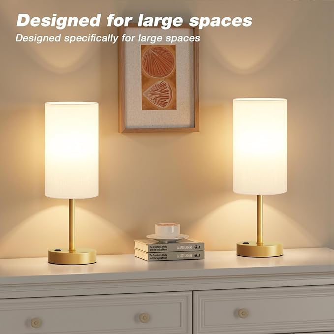 Gold Nightstand Bedroom Lamp - 3 Way Dimmable Bedside Lamp USB C A Charging Ports and AC Outlet, Small Table Lamp Linen Lampshade for Office Desk